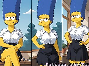 AI Generated, Marge Simpson from the Simpsons, futanari masturbation, cumshot,self sucking