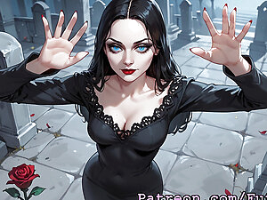 AI generated. Addams Family. Morticia is slim, with extremely pale skin and long flowing straight black hair. She commonly wears black hobble dresses to match her hair, tightly form fitting. According to Wednesday, Morticia applies baking powder to her fa