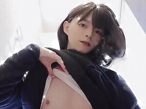 Japanese crossdresser masturbating in room wear