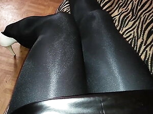 Black pantyhose 70den and leather mini dress