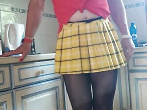 Mini pleated skirt and my clit sticking out